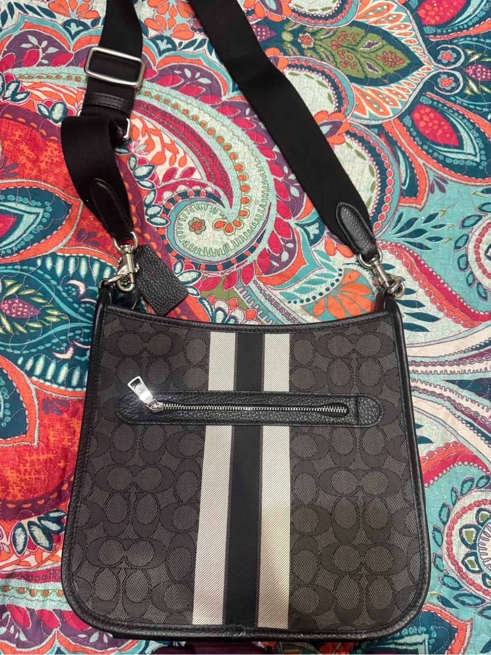 Coach Black Signature Canvas Messenger Bag with White and Gray Stripe